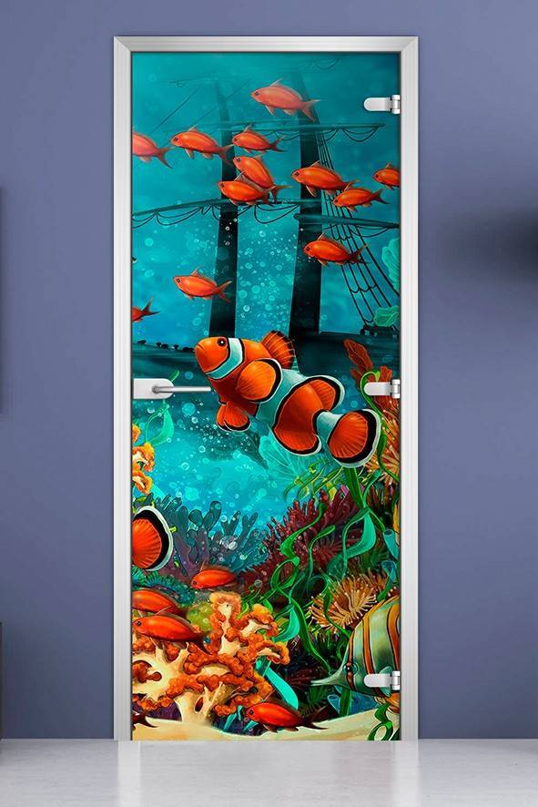 Стеклянная межкомнатная дверь с фотопечатью «Underwater World-18»
