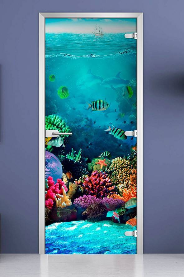 Стеклянная межкомнатная дверь с фотопечатью «Underwater World-19»
